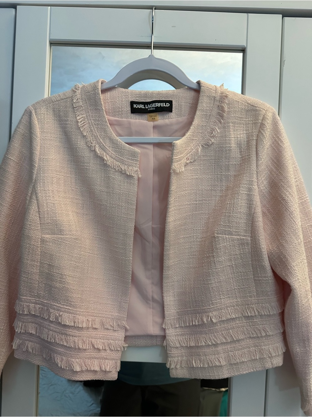 Karl Lagerfeld Pale Pink Tweed Fringe Cropped Blazer